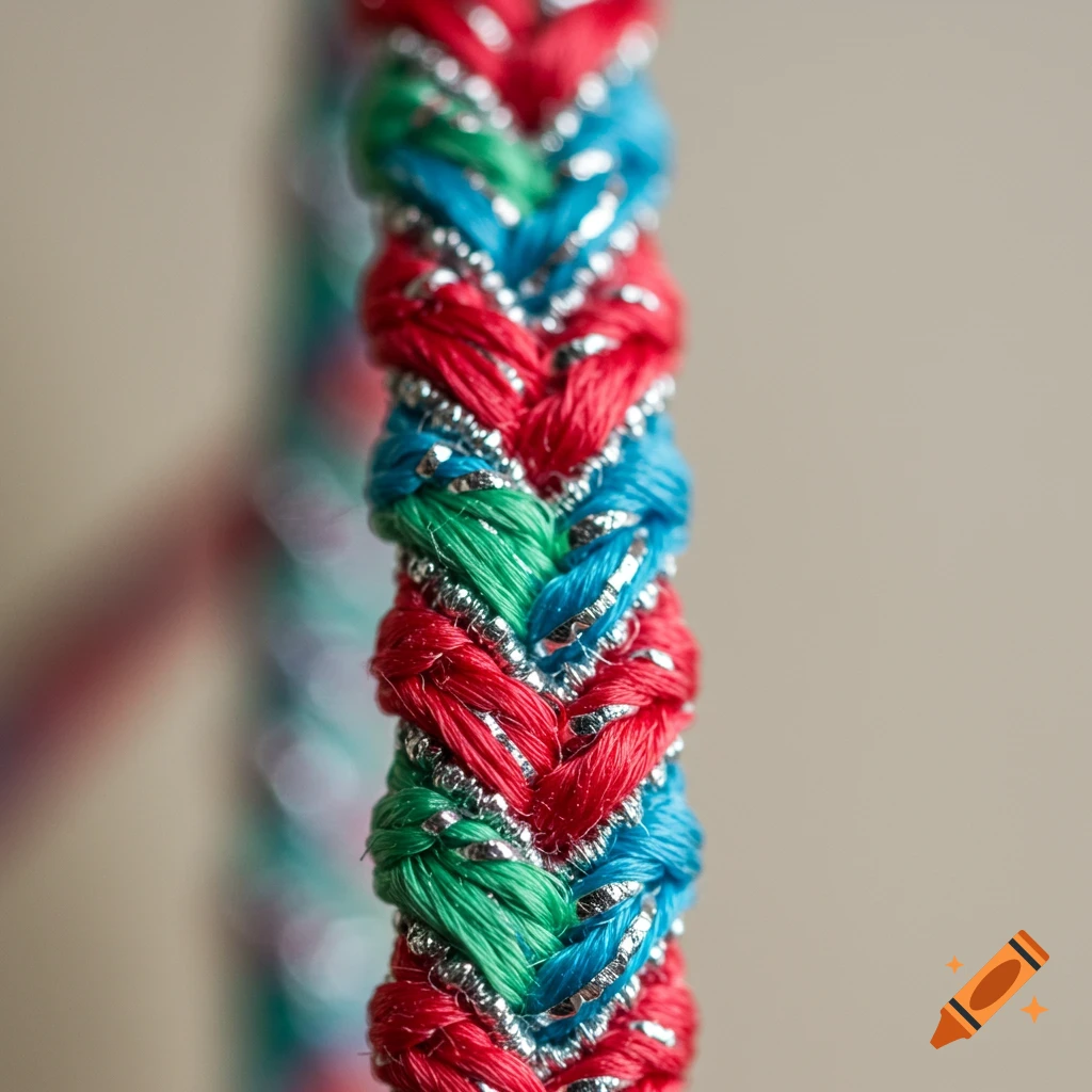 Close-up of a brightly colored braided friendship bracelet with red, green, blue, and silver strands.