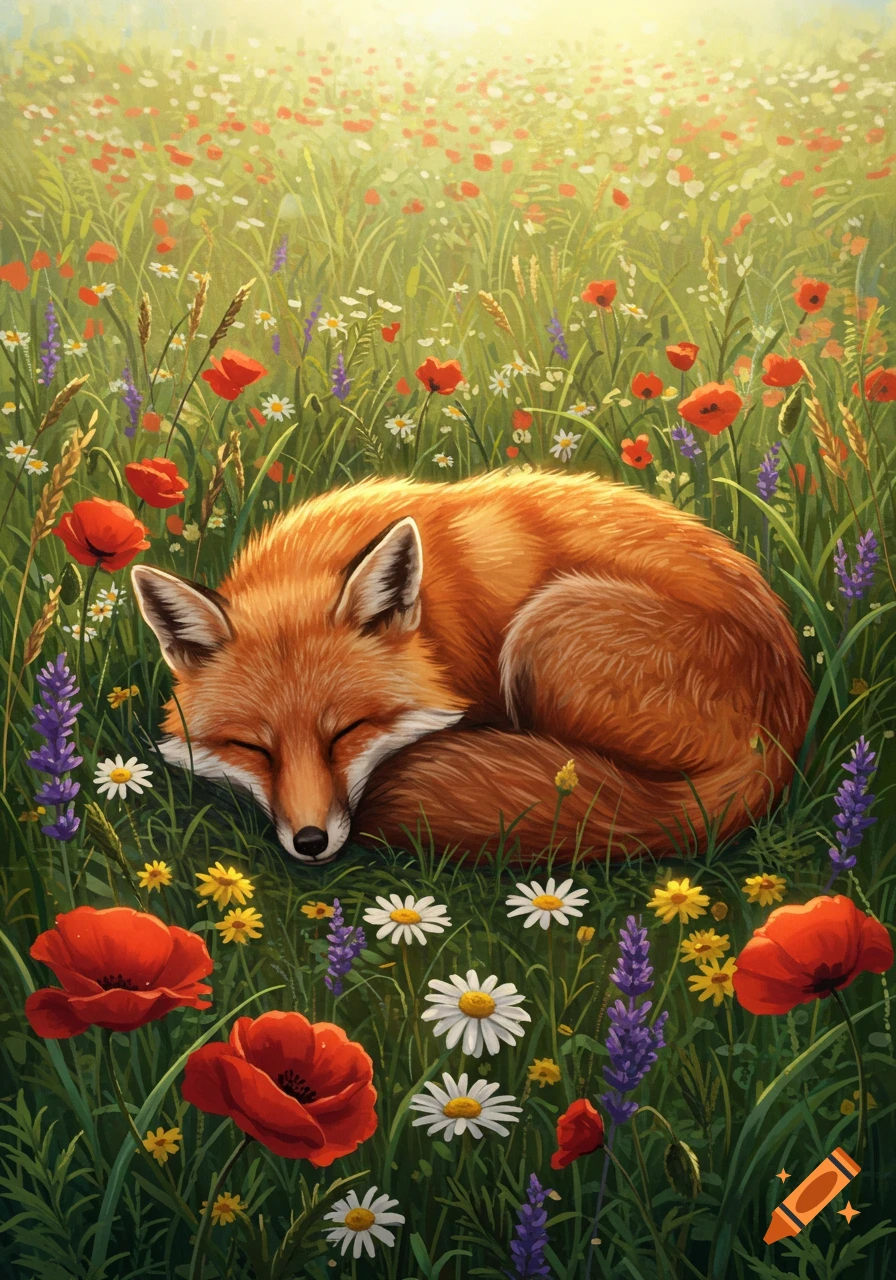 A serene red fox curled up asleep in a vibrant field of red poppies, white daisies, and purple lavender under warm sunlight.