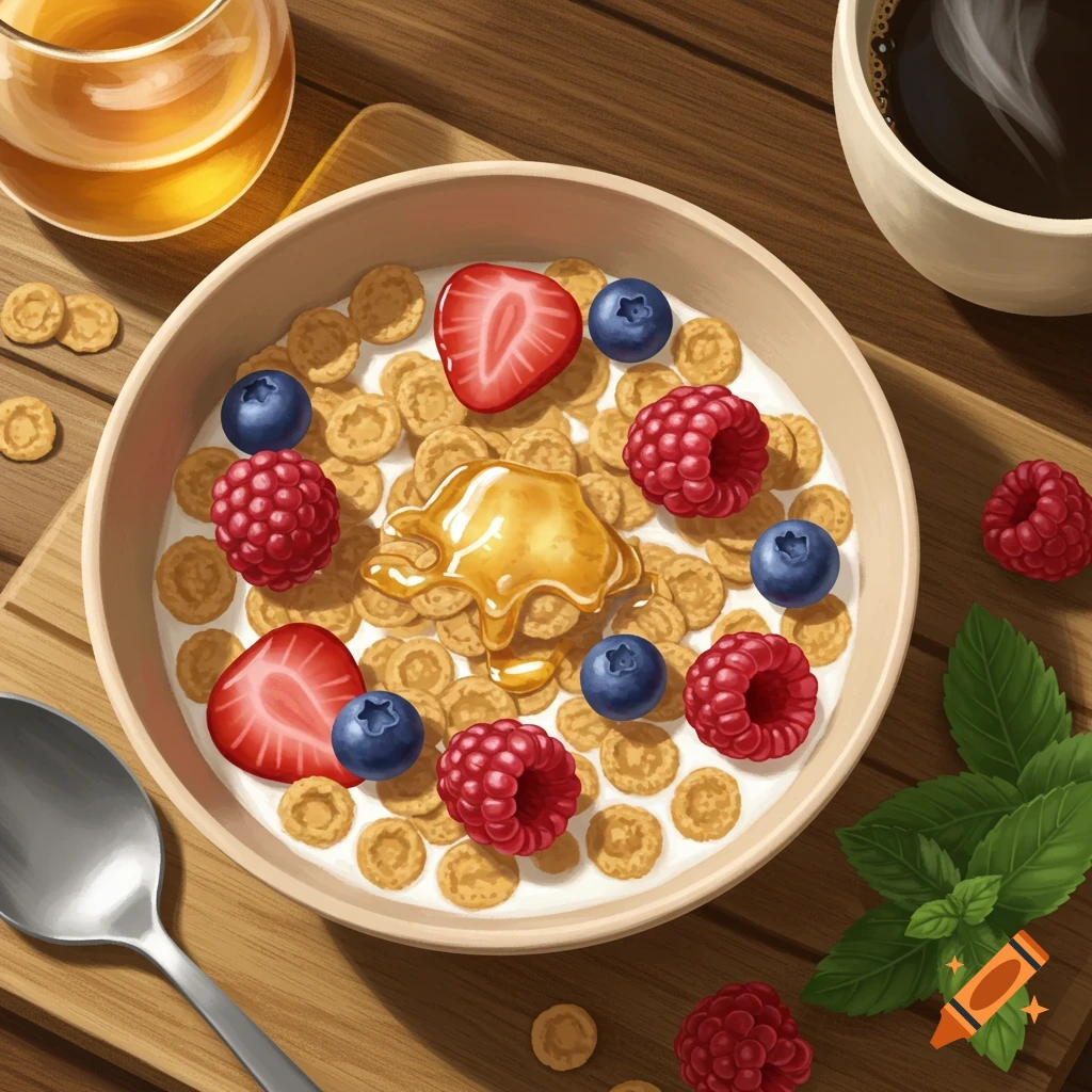 Overhead view of a bowl of cereal with milk, fresh berries, and honey, beside a glass of juice and coffee on a wood table.