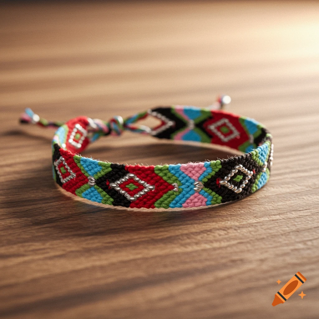 A colorful friendship bracelet with red, blue, green, black, pink, and silver threaded diamond patterns lies on a wooden surface.