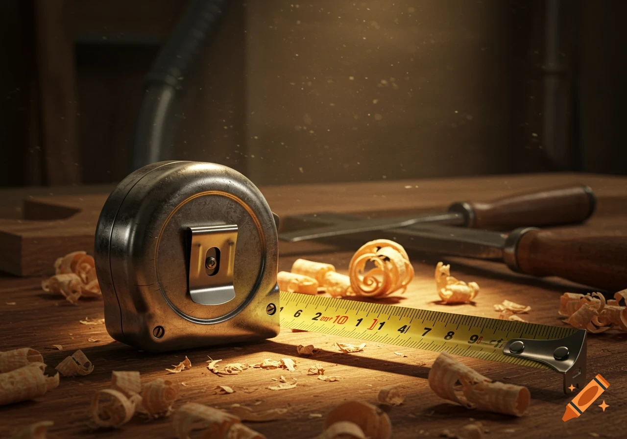 A detailed shot of a tape measurer and wood chisels on a dusty wooden workbench, surrounded by wood shavings.