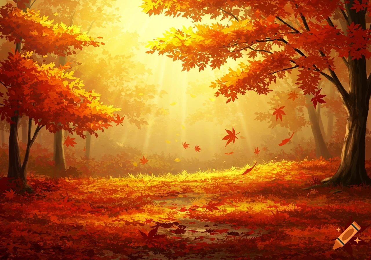 Vibrant illustration of an autumn forest with sunbeams illuminating a path covered in bright orange and red leaves.
