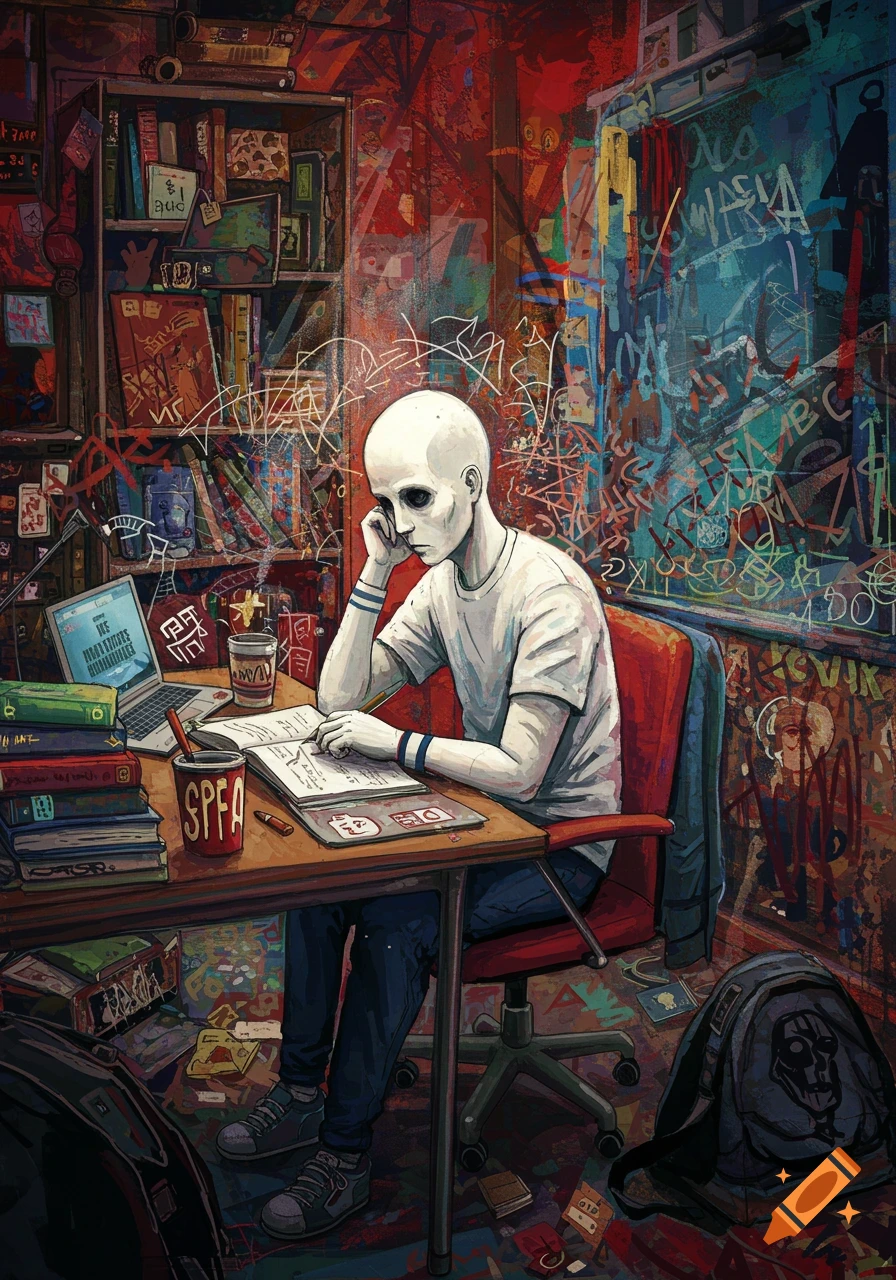 A pale, quiet student with dark eyes sits at a desk, writing in a notebook in a cluttered, graffiti-covered room, in a Basquiat-inspired style.