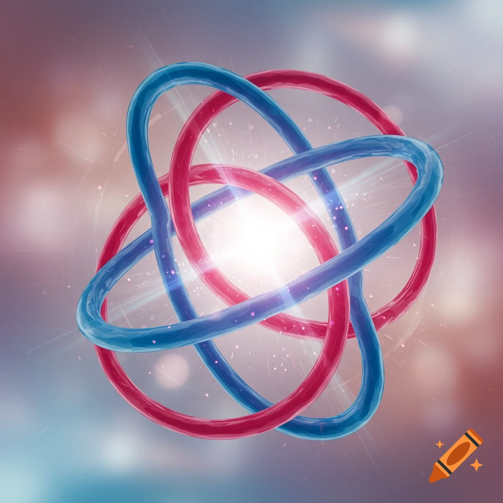 Shiny blue and red intertwined rings with a bright central glow and scattered particles on a blurry background.