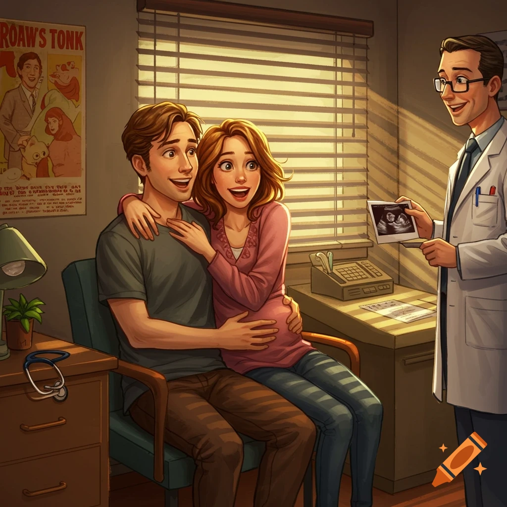 A happy pregnant couple and a smiling doctor in an illustrative style, looking at an ultrasound in a doctor's office.