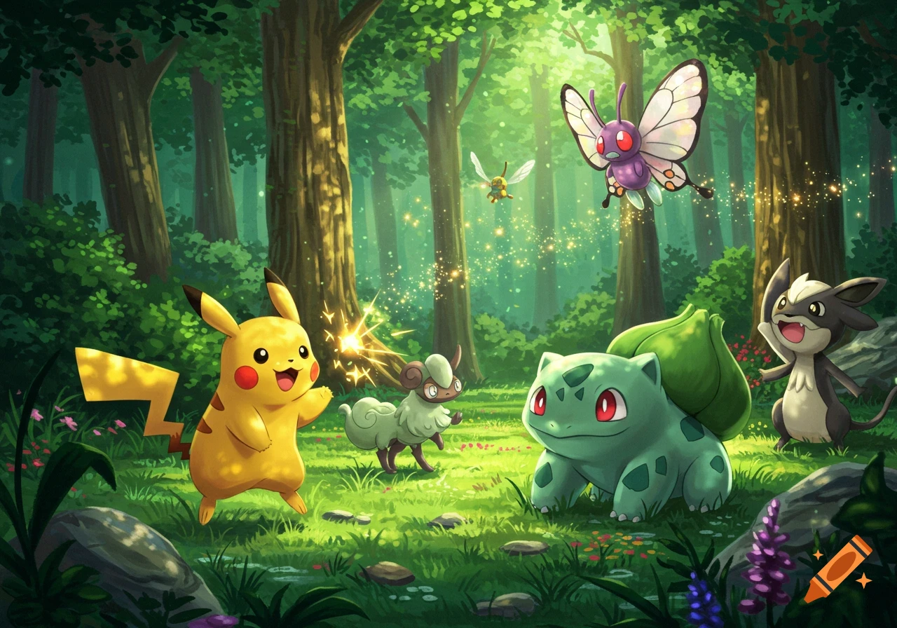 Pikachu, Bulbasaur, Butterfree, and other Pokemon in a vibrant, sunny forest with glowing magical effects.