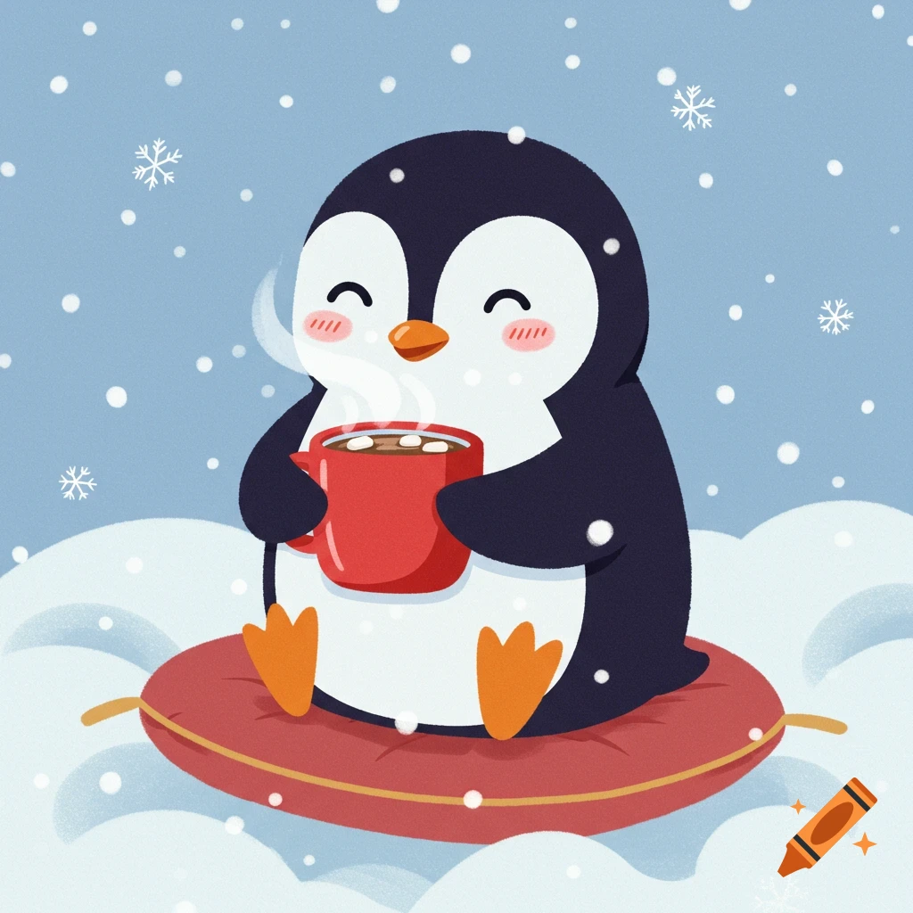 A cute animated penguin sits on a red cushion in the snow, happily drinking hot cocoa with marshmallows.