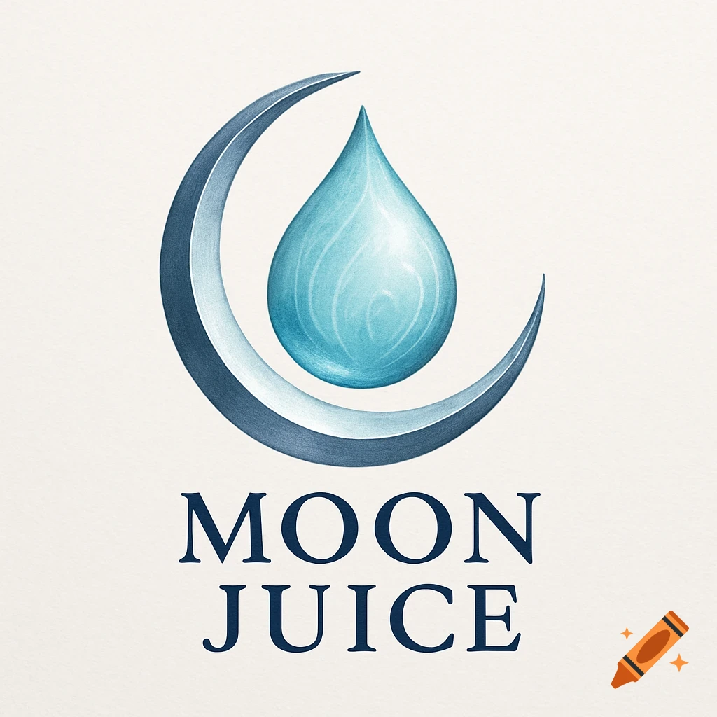 A logo featuring a dark blue crescent moon embracing a light blue teardrop, with the text MOON JUICE below.