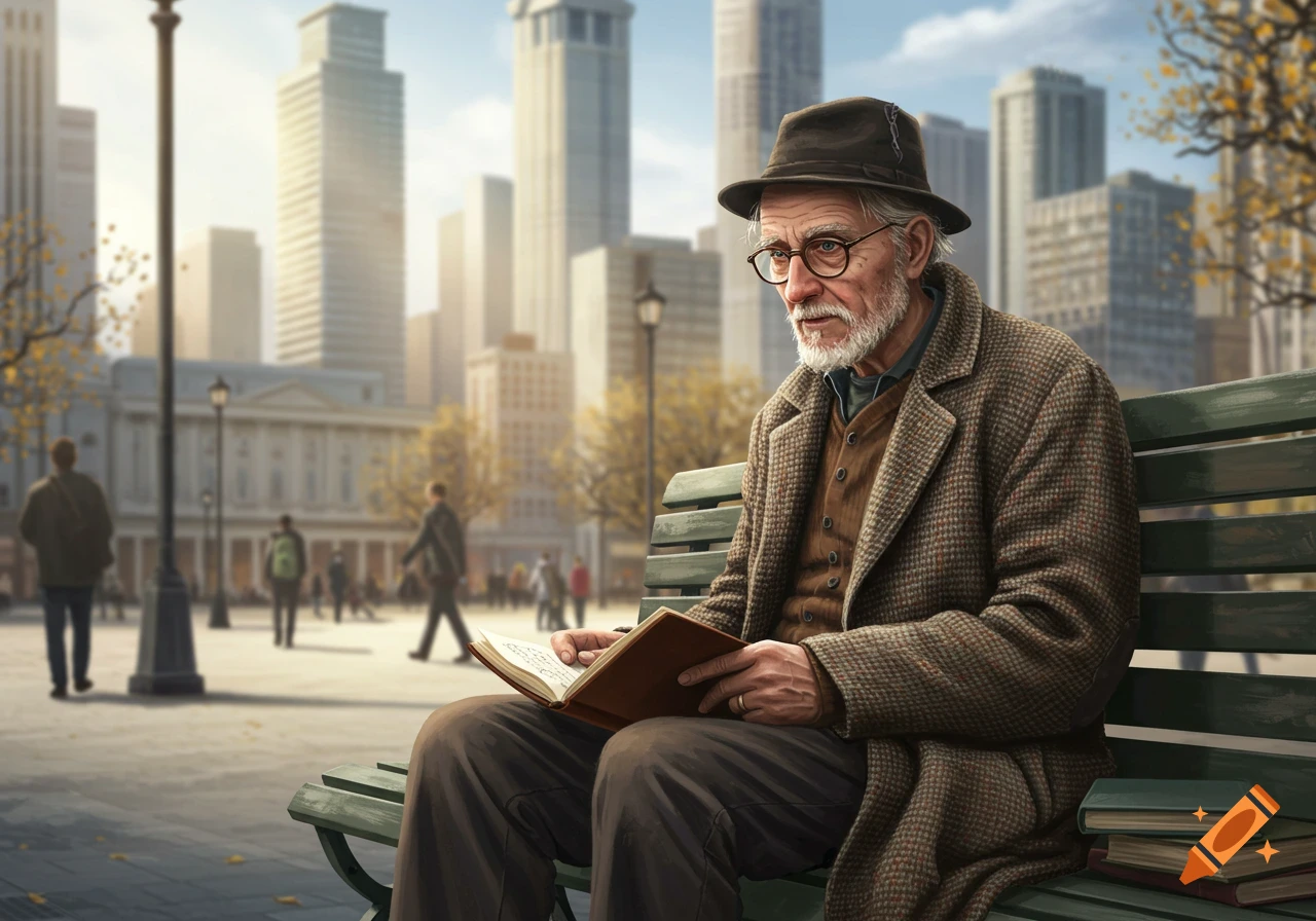 An old man in a hat and tweed coat reads a book on a park bench in a bustling city square with tall buildings.