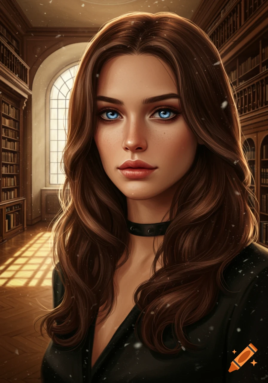 Close-up portrait of an attractive woman with long brown hair and piercing blue eyes, wearing a black top, in a warm, sunlit library.