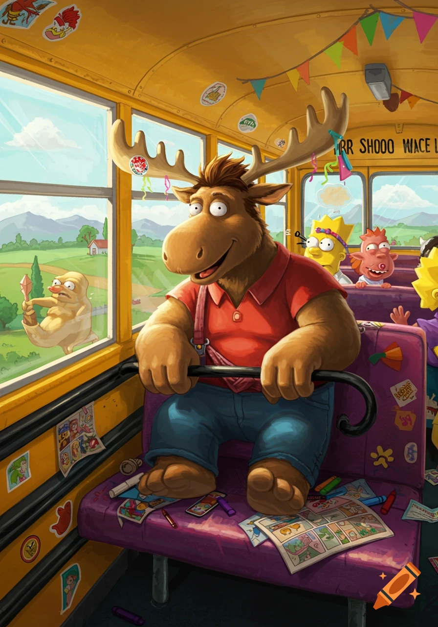 Cartoon anthropomorphic moose drives a yellow school bus with Bart Simpson-like characters in the back, past a rural landscape.
