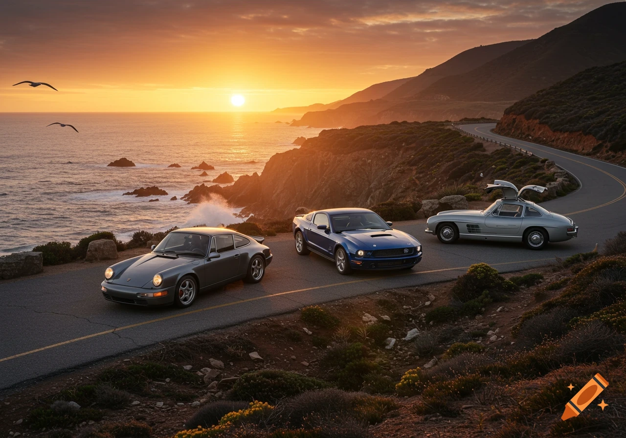 A grey Porsche 911, blue Mustang, and silver Mercedes 300SL with open gull-wing doors parked on a coastal road at sunset.
