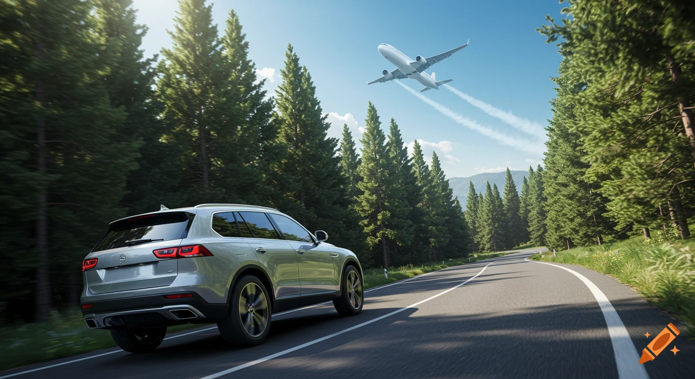 Silver SUV on a winding forest road with a white airplane flying overhead in a clear blue sky, photorealistic.
