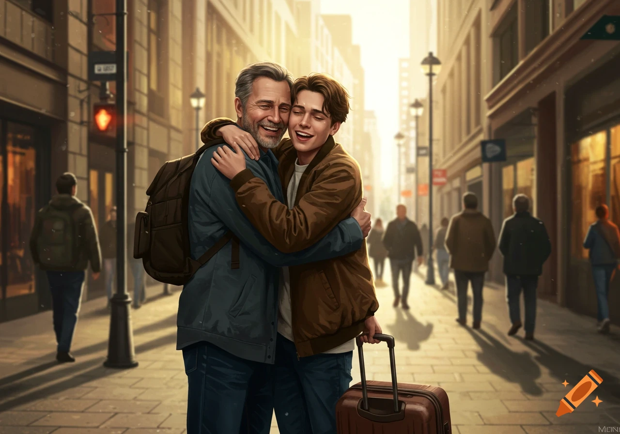 An older man with a backpack and a younger man with a suitcase embrace happily on a sunny city street, reunited.