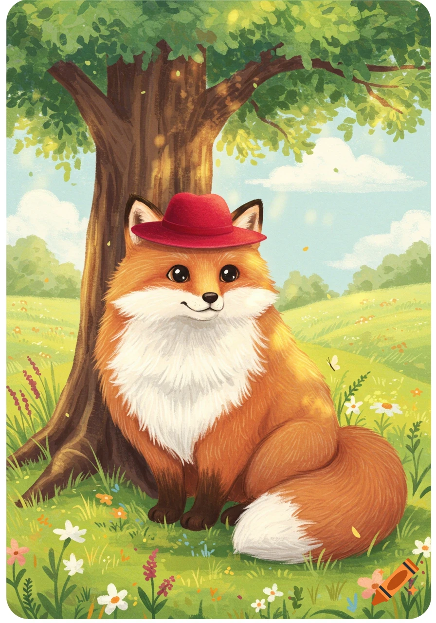 A cute, fluffy orange fox wearing a red hat sits smiling under a tree in a vibrant, flowery green field, illustration.