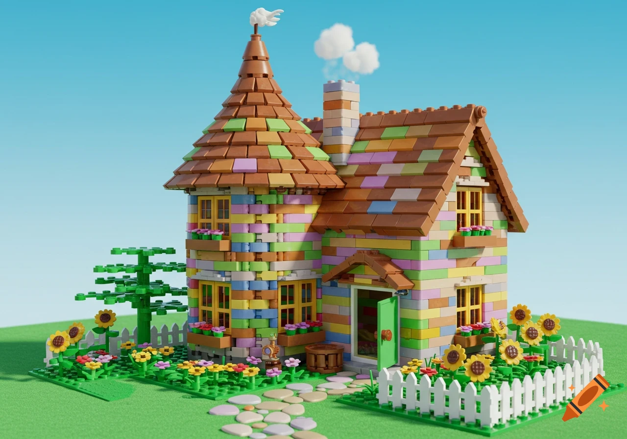 A colorful, whimsical Lego house with a conical roof, chimney, a green door, and gardens with sunflowers and flowers on green grass under a blue sky.