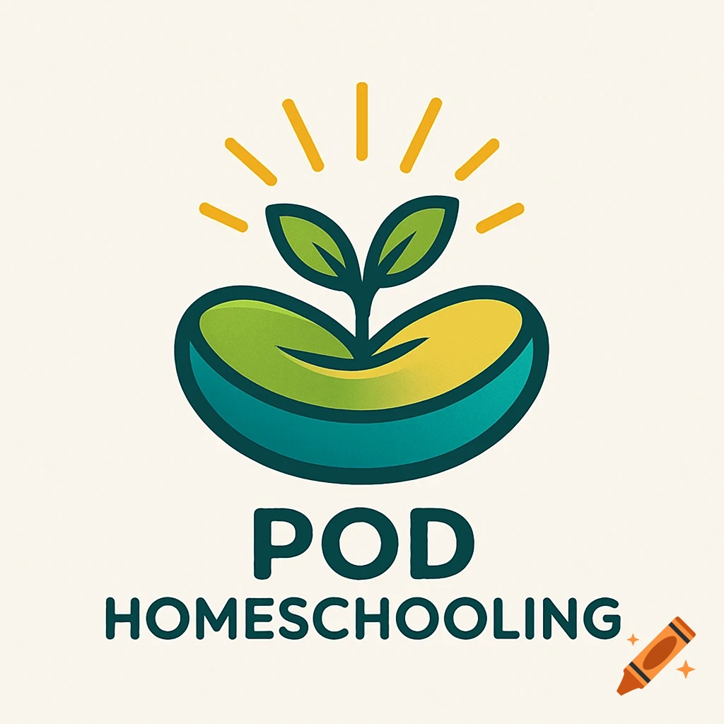 A vibrant green, gold, and teal logo features a seed pod sprouting with sun rays, above the text "POD HOMESCHOOLING" in a modern rounded font.