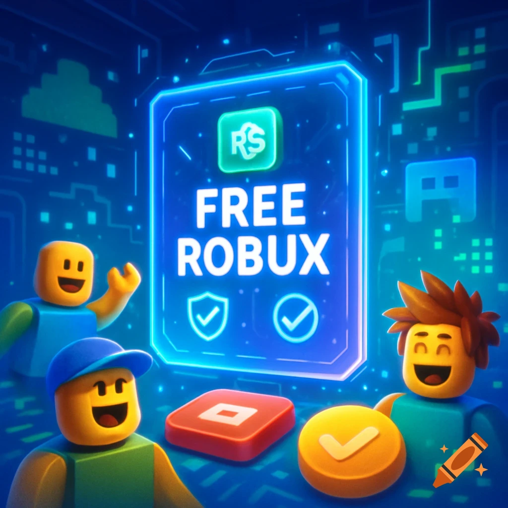 Three Roblox-style characters happily look at a glowing 'FREE ROBUX' sign on a digital circuit board background, with a red square and yellow circle.