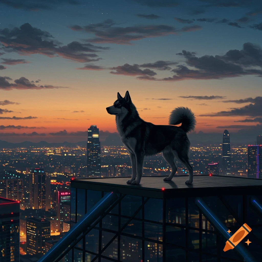 A husky dog stands on a skyscraper rooftop, looking out over a vast city glowing with lights at sunset.