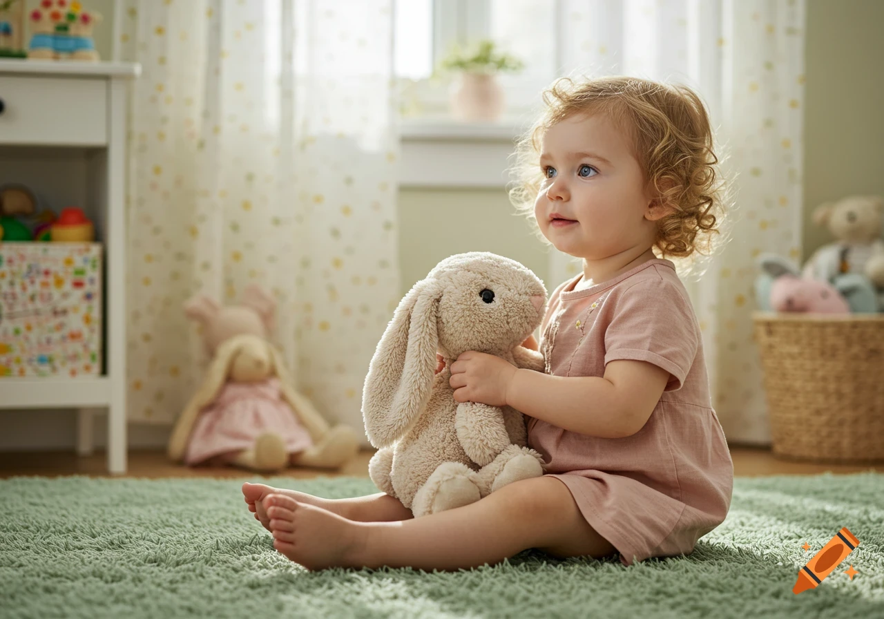 A happy baby girl with curly blonde hair sits on a green rug, holding a plush bunny in a sunlit room.