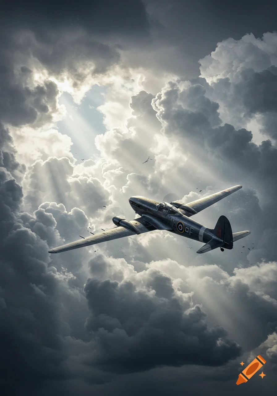 A military plane flies through a dramatic, cloudy sky with sun rays breaking through.