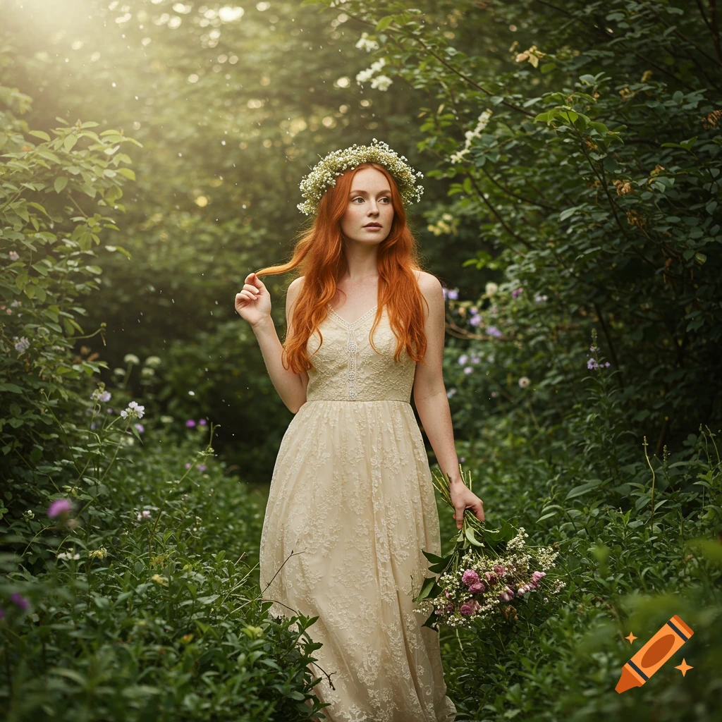 A redheaded woman in a cream lace dress and flower wreath stands in a sunlit, lush garden, holding a bouquet.