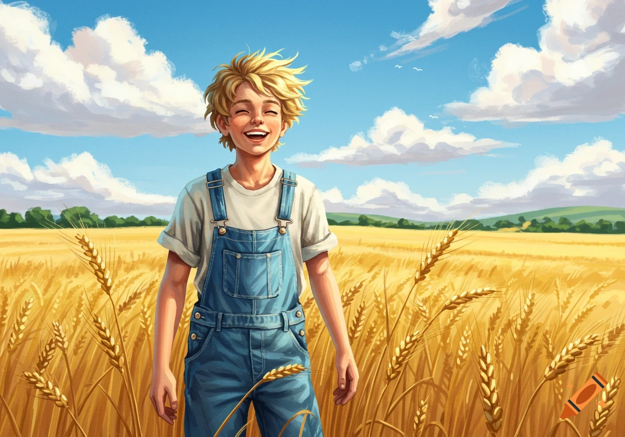 An illustration of a happy blond boy in blue overalls standing in a golden wheat field under a blue sky.