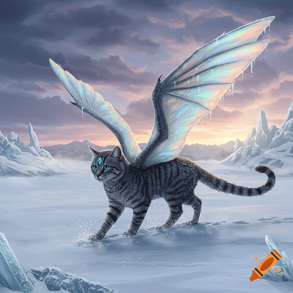 A grey tabby cat-dragon hybrid with iridescent icy wings walks through a snowy tundra at dawn.