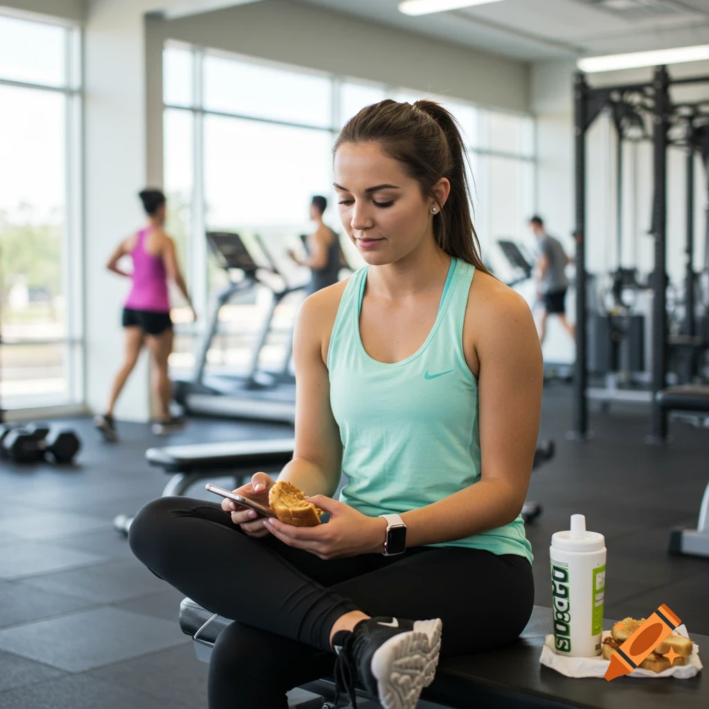 A female college student eats a peanut butter sandwich and checks her phone on a gym bench. Photorealistic.