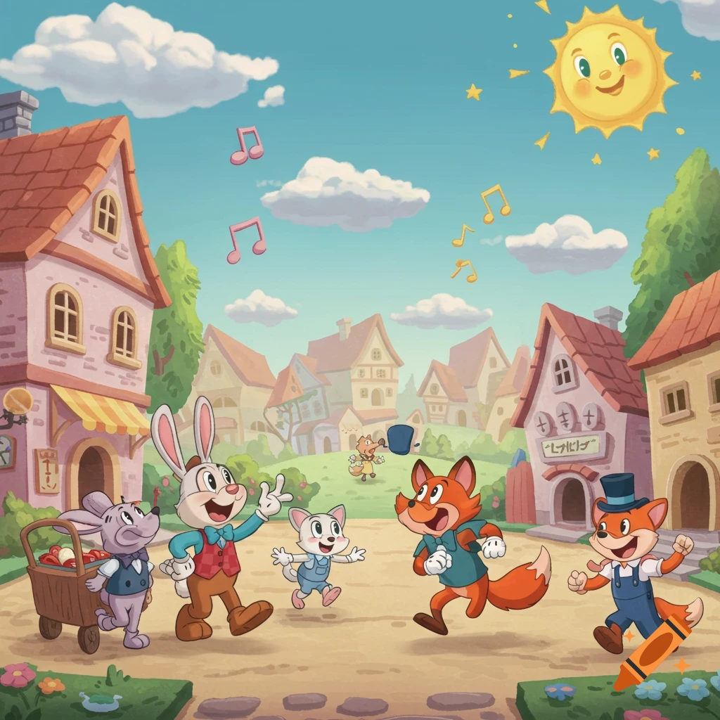 Vibrant cartoon village scene with anthropomorphic animals, a smiling sun, and musical notes. Storybook style.