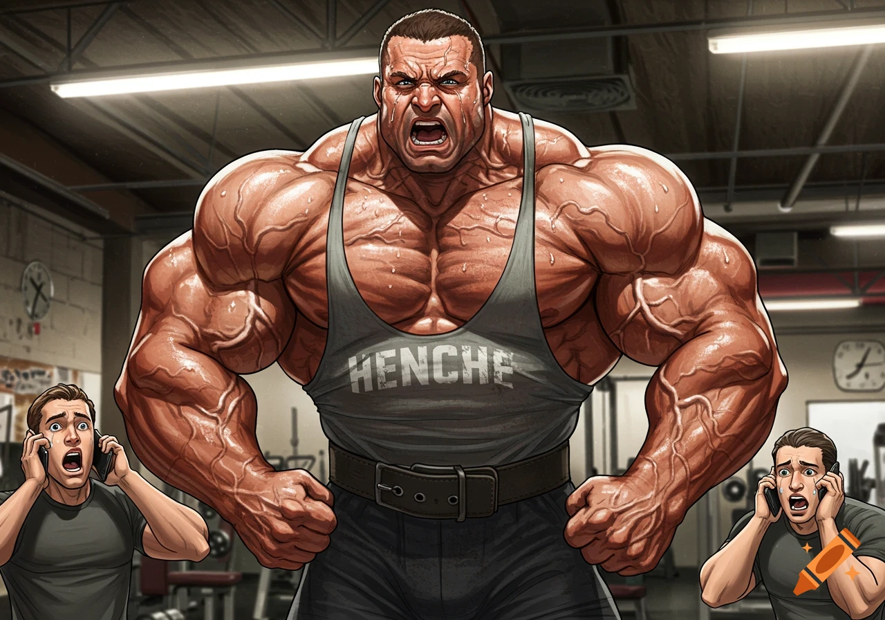 A cartoon bodybuilder with exaggerated muscles yells in a gym, while two smaller men on the sides look terrified, making calls.