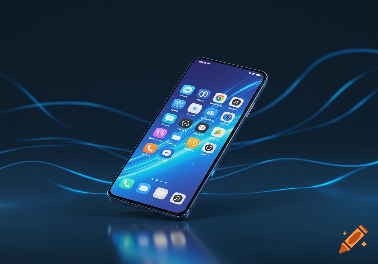 A modern smartphone with a blue-themed screen displaying app icons, tilted against a dark blue background with glowing blue lines.
