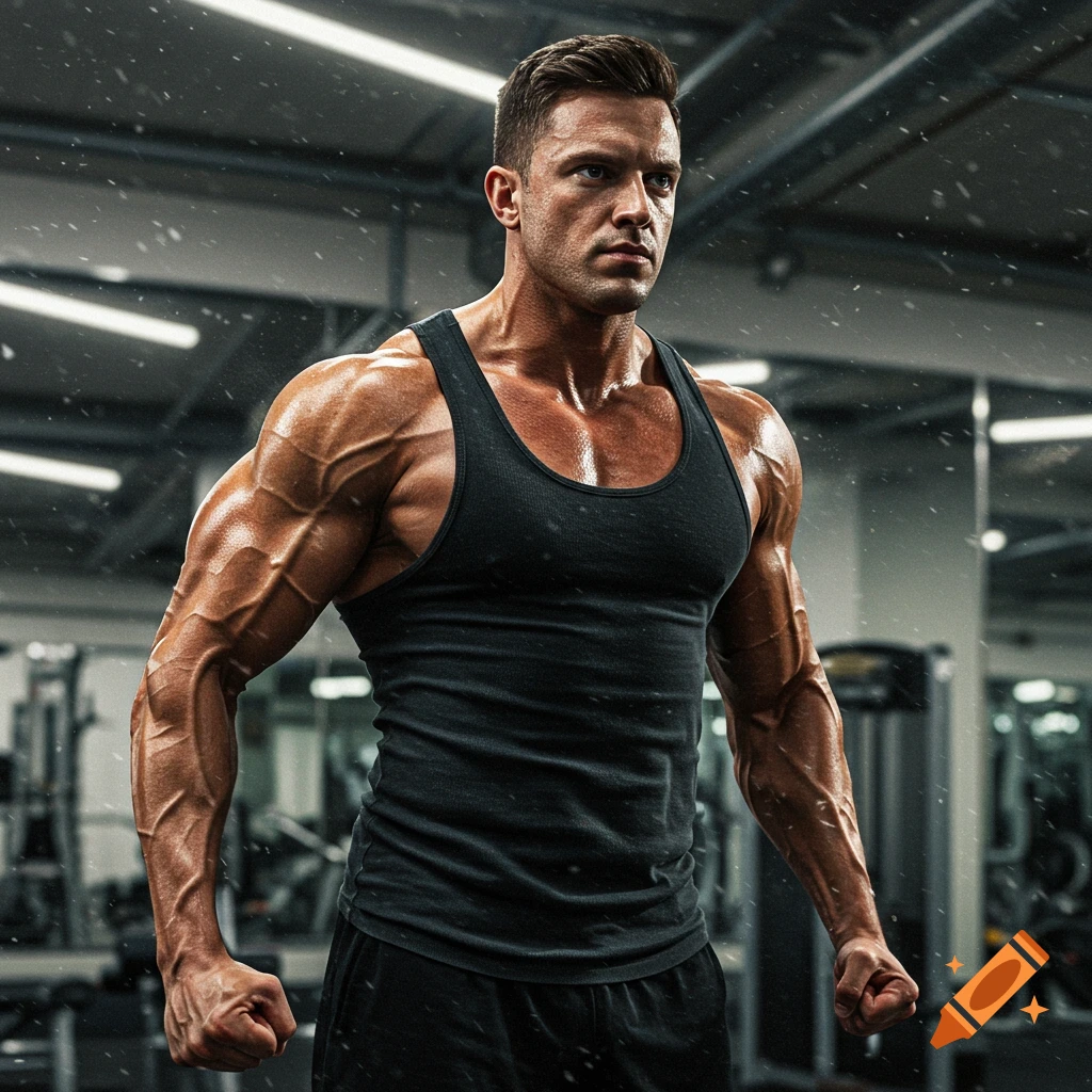 A highly muscular man in a black tank top poses in a gym, with prominent veins on his arms, in a photorealistic style.