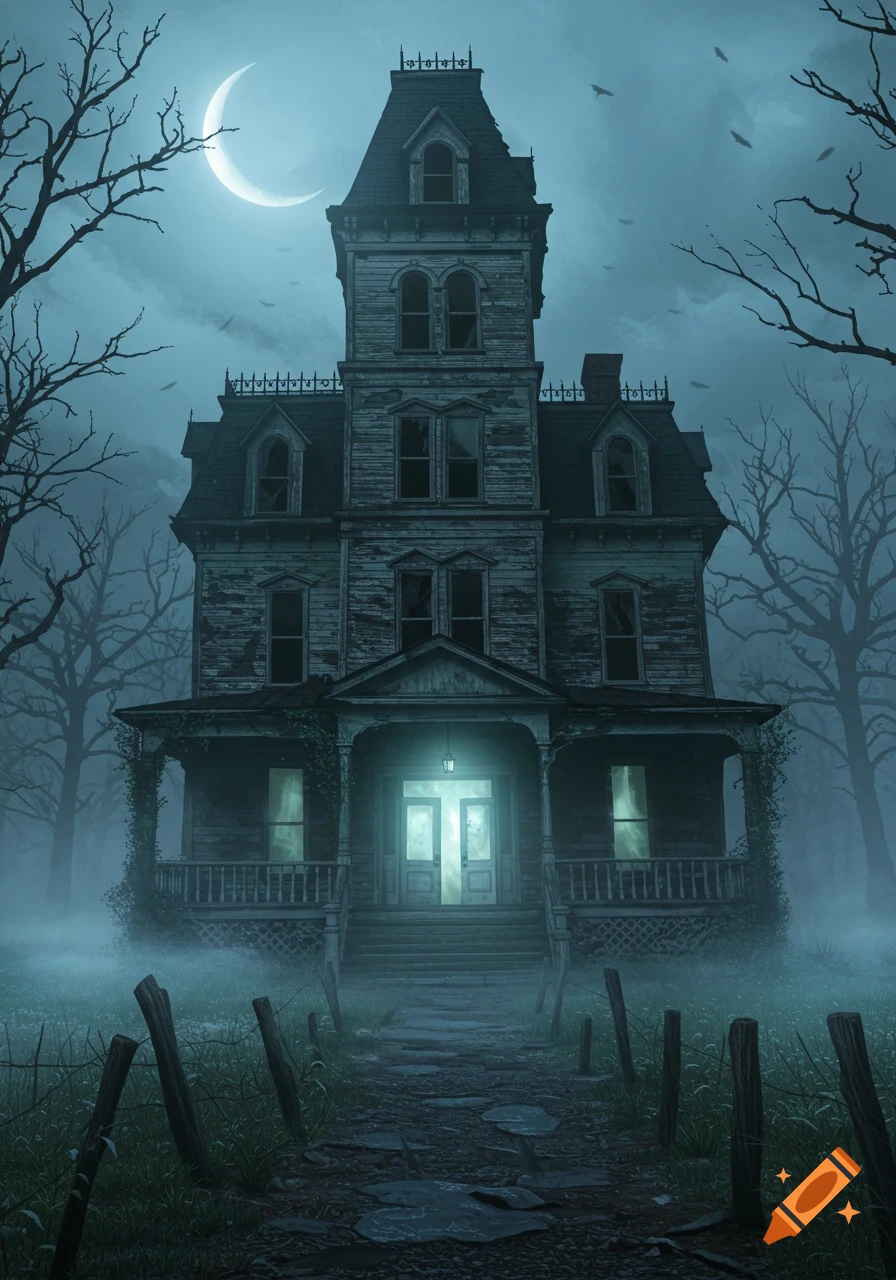 Spooky dilapidated Victorian haunted house under a crescent moon and misty night, surrounded by bare trees.