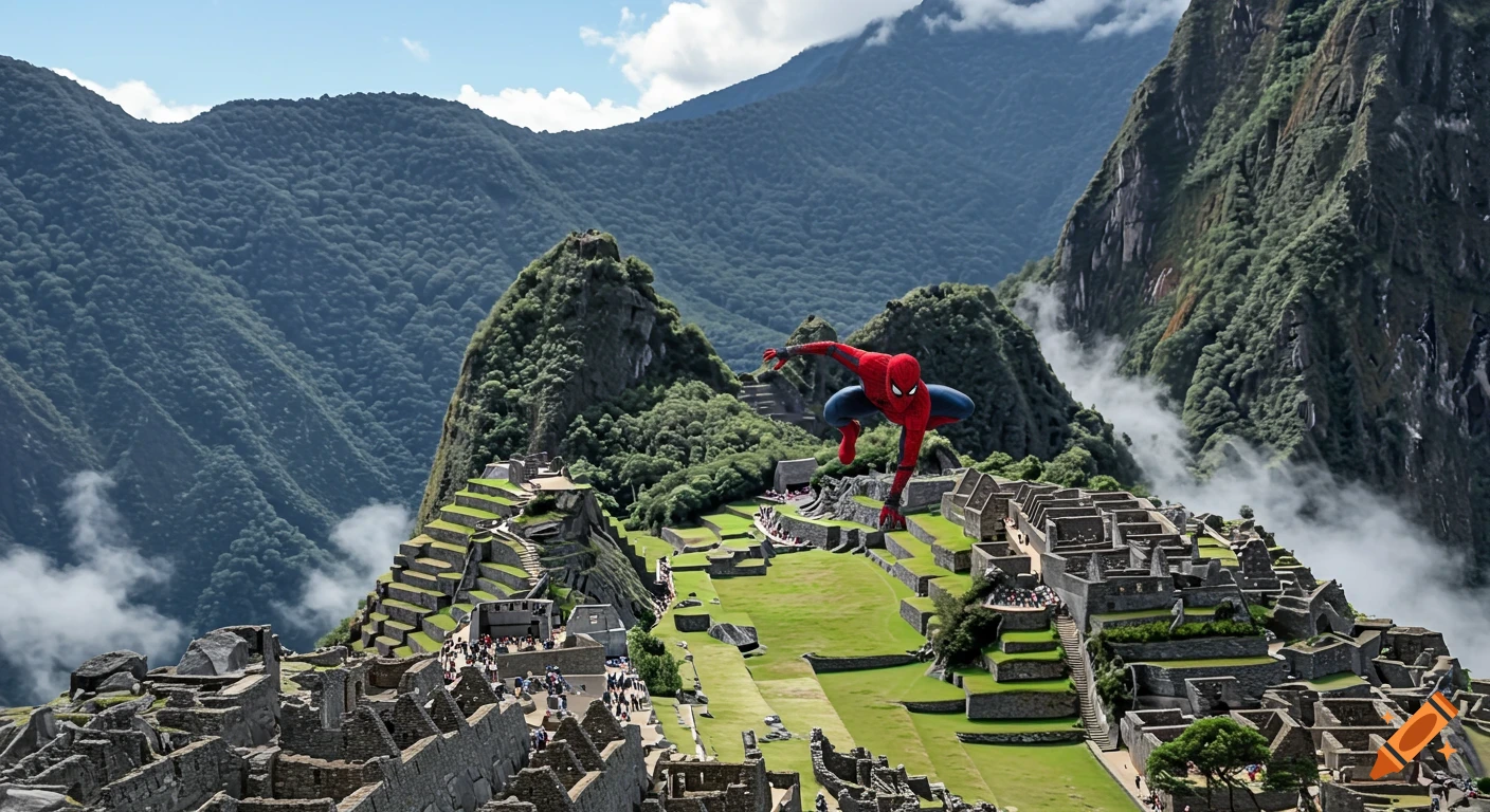 Spider-Man in a dynamic pose over the ancient ruins of Machu Picchu, surrounded by lush green mountains and clouds, aerial view.