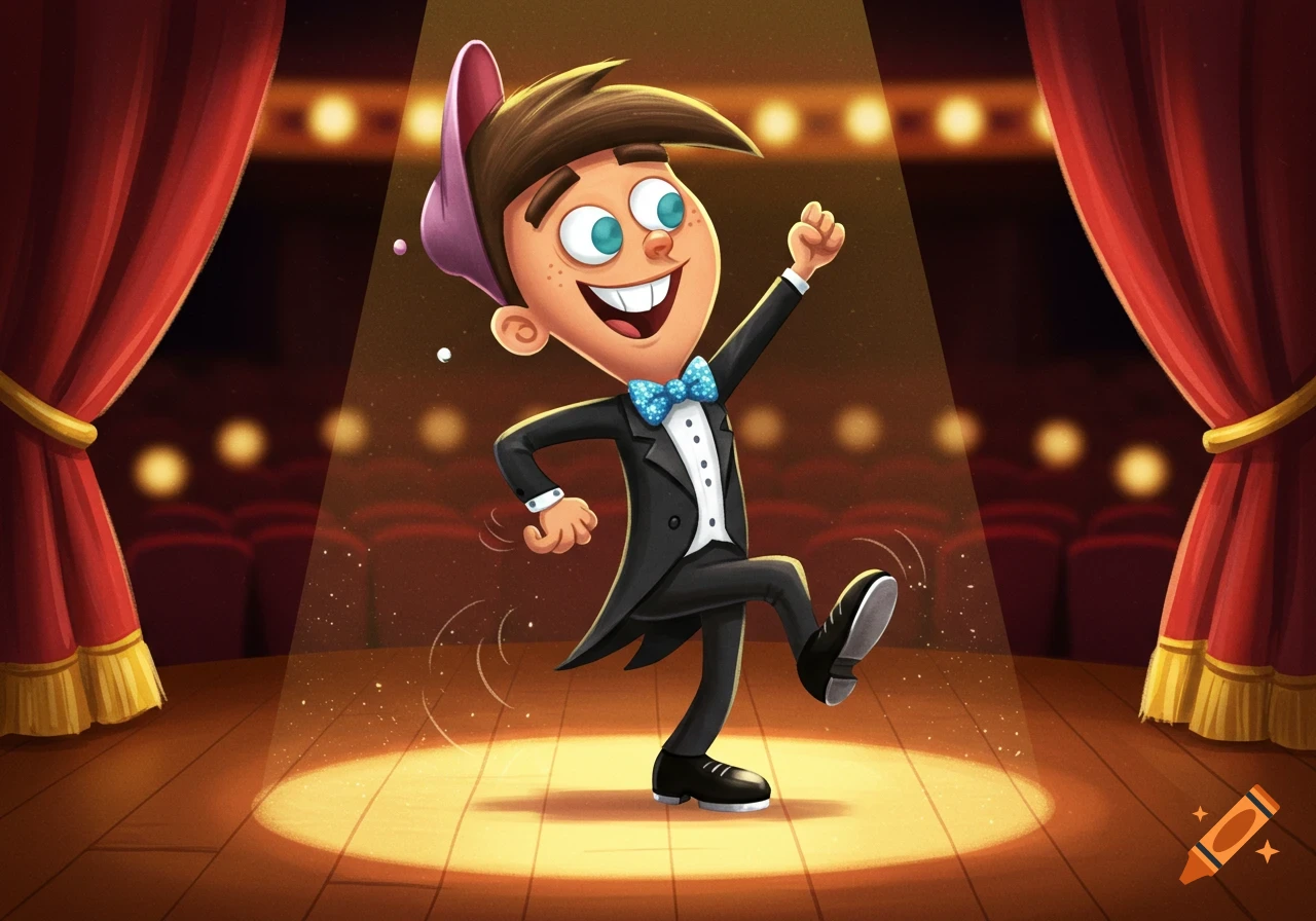 Cartoon illustration of Timmy Turner tap dancing on a stage under a spotlight.