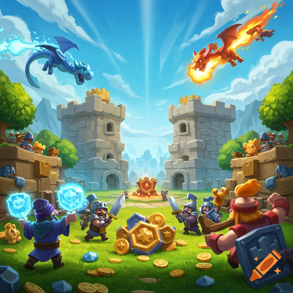 Vibrant cartoon fantasy battle scene with two castles, a blue dragon, a red dragon, knights, and a wizard on a grassy field under a blue sky.