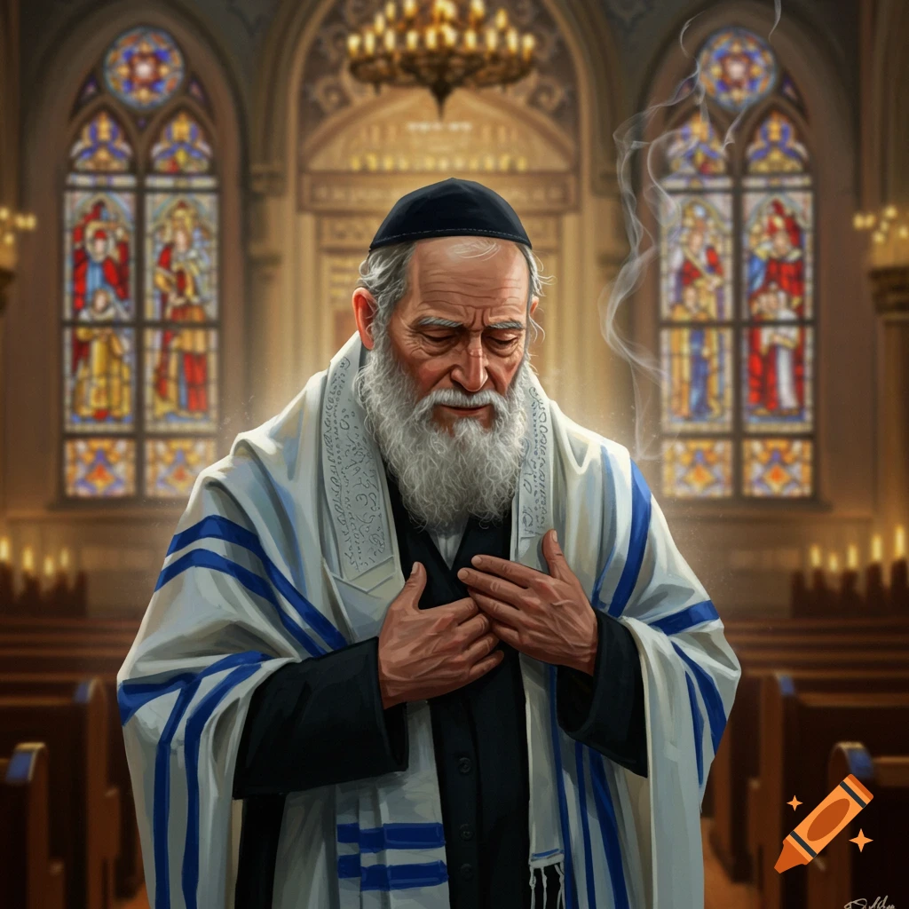 An elderly bearded Jewish man wearing a tallit and kippah, praying with hands on his chest in a synagogue with stained glass windows.
