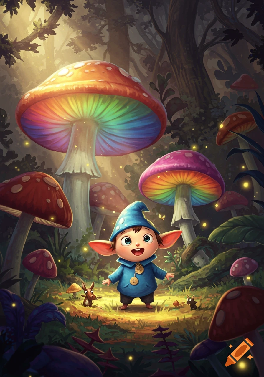 Cute cartoon gnome in a magical forest with giant rainbow-colored mushrooms and fireflies, vibrant illustration.