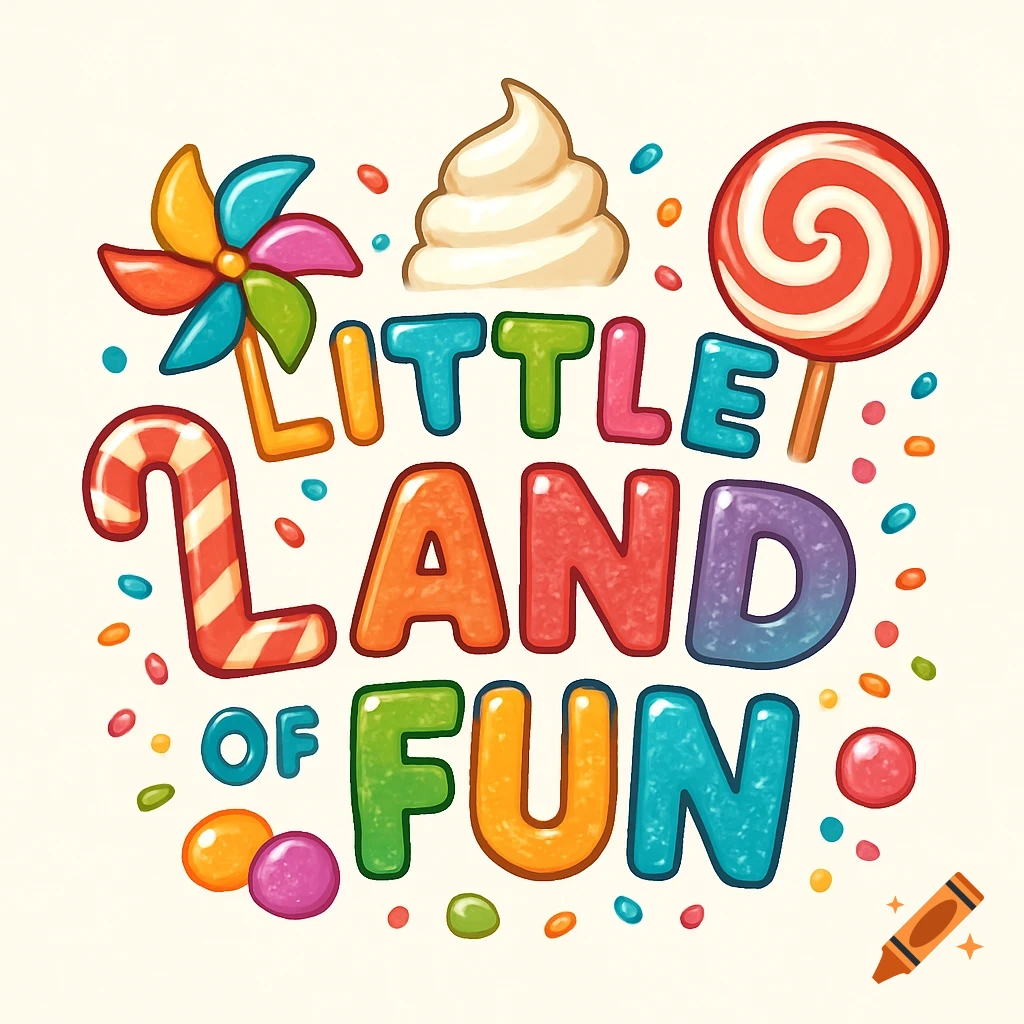 A colorful, playful logo with bubble letters spelling 'LITTLE LAND OF FUN', surrounded by candies, a lollipop, and whipped cream.