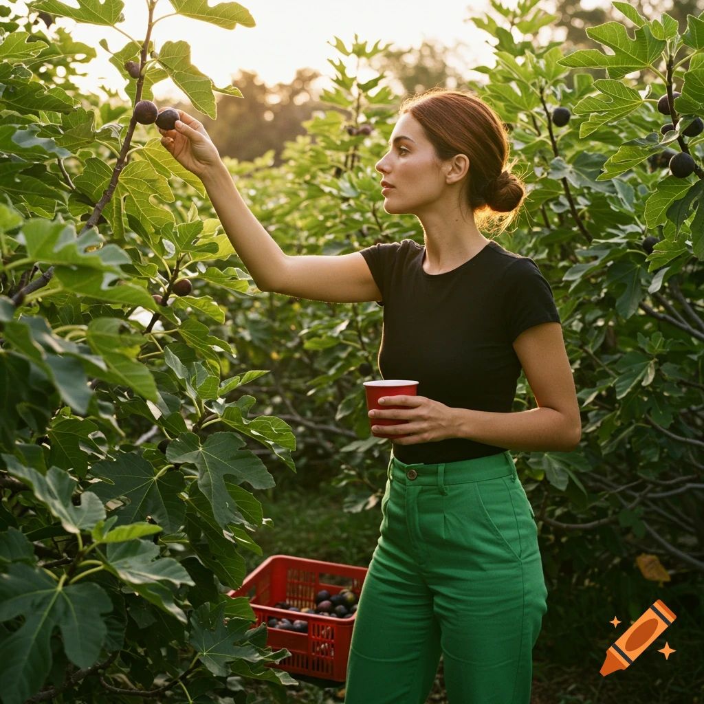 A woman in green pants and a black shirt picks dark figs from a lush tree in a sunlit garden, holding a red cup.