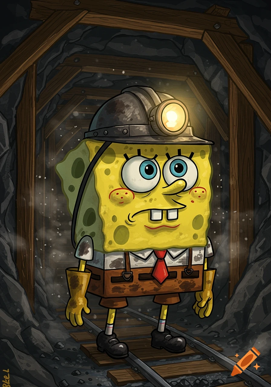 SpongeBob as a dirty coal miner with a headlamp, standing in a dark mine tunnel with wooden supports and tracks.