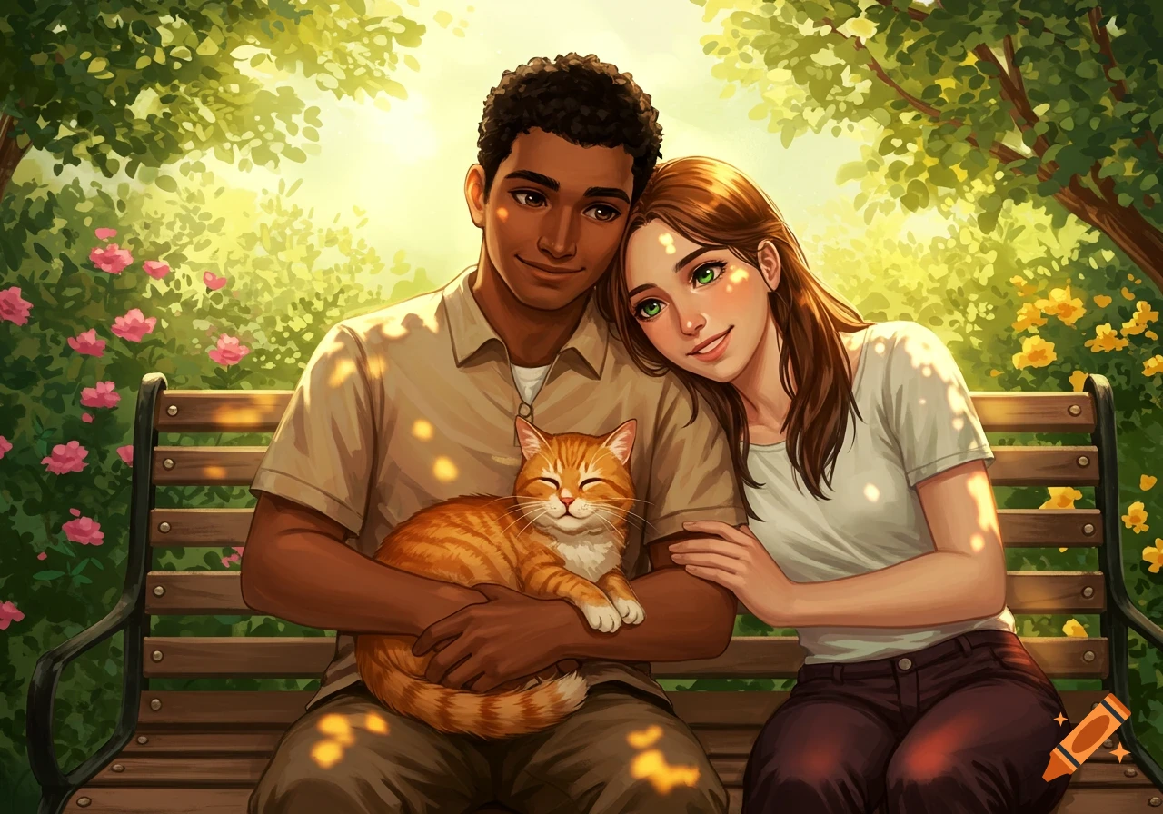 Digital art of a couple on a park bench; the man holds an orange cat, the woman rests her head on his shoulder, sunny foliage in the background.