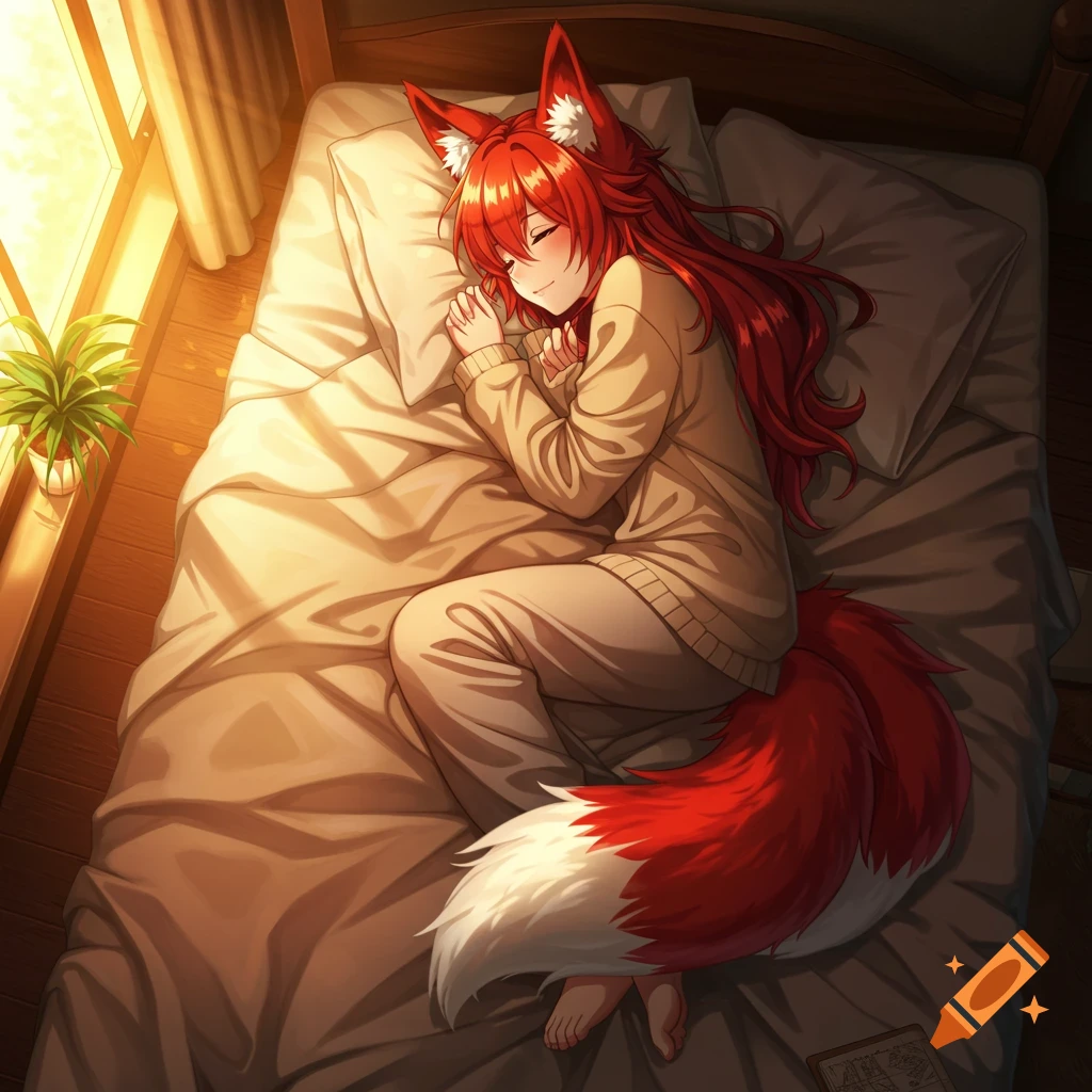 Anime fox girl with red hair and tail sleeping peacefully in a sunlit cozy bed.