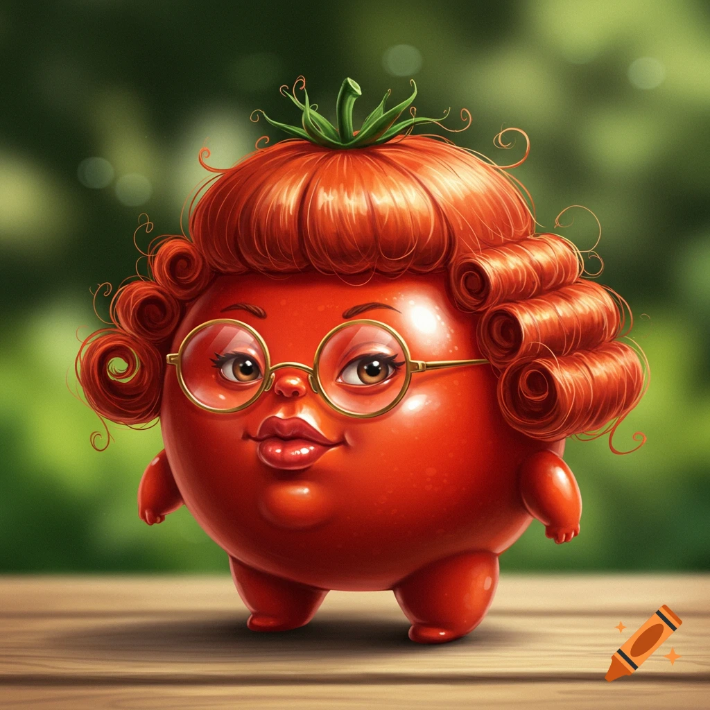 A cartoonish tomato character with short arms and legs, wearing round glasses and a curly red bob hairstyle, smiling.