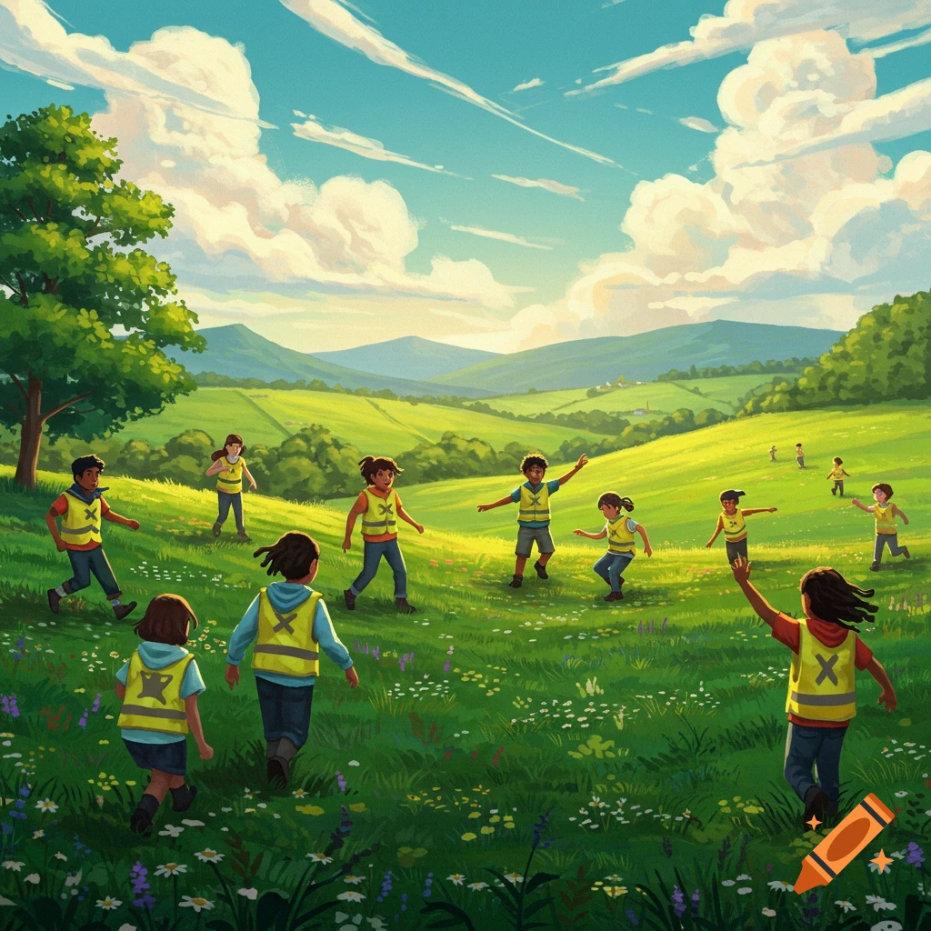 Illustrative image of young children in yellow vests playing spread out in a vibrant green, hilly landscape under a blue sky with white clouds.