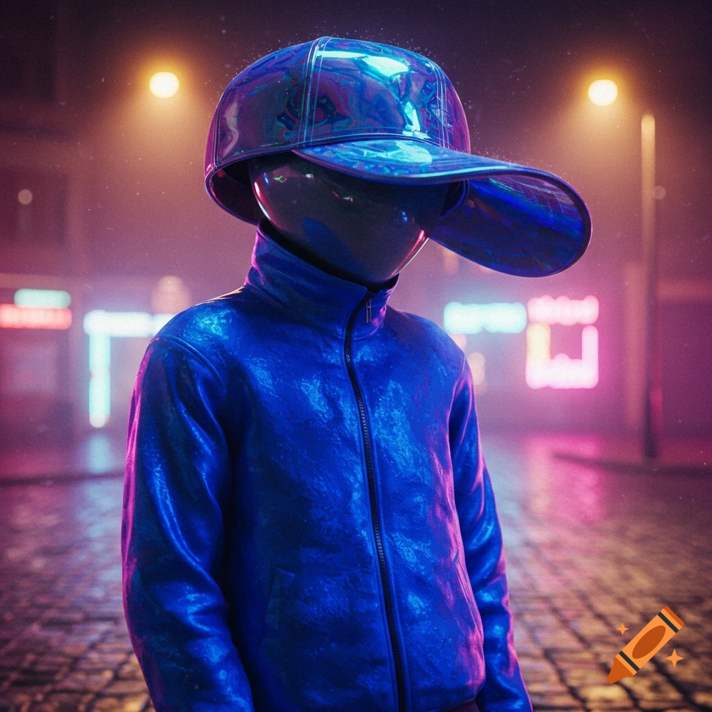 A mysterious figure in a shiny blue jacket and an oversized, iridescent baseball cap stands on a wet cobblestone street at night, illuminated by blurry neon lights.
