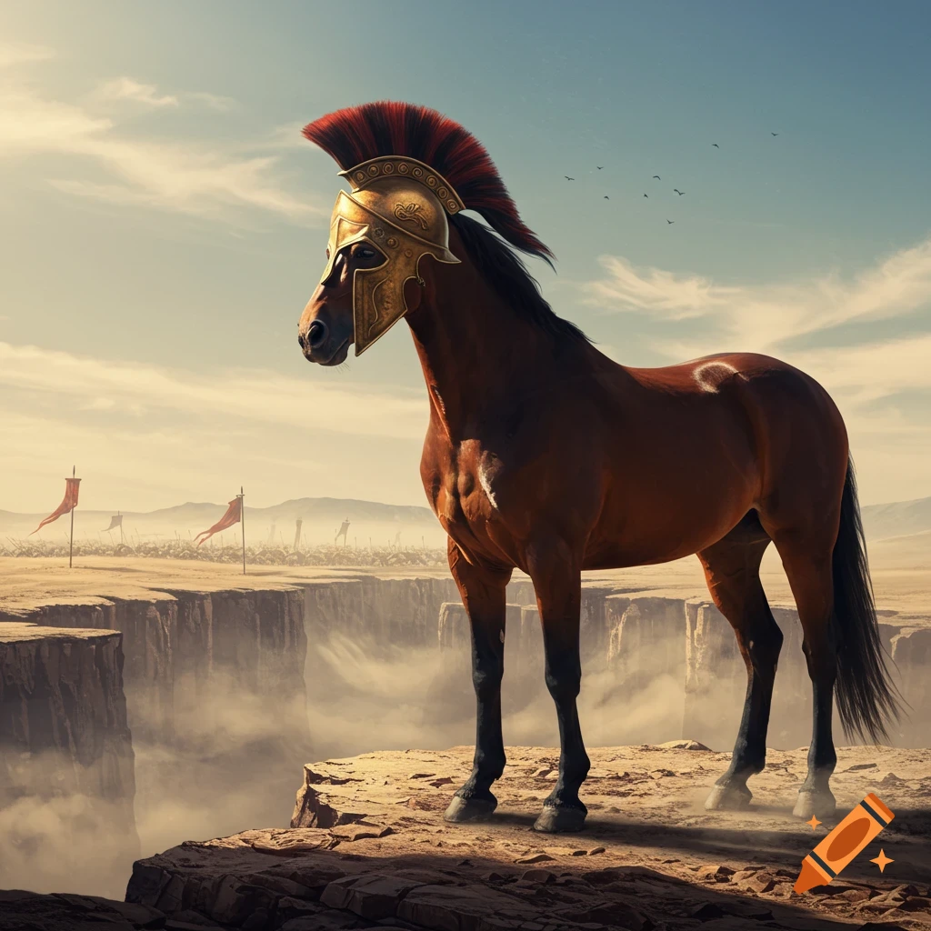 A brown horse wearing a golden Spartan helmet stands on a cliff overlooking a misty battlefield.