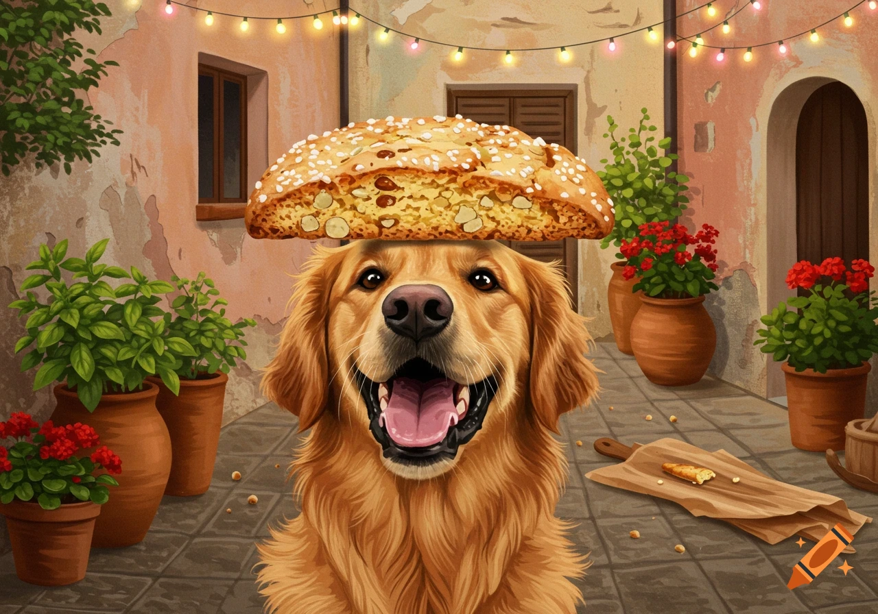 Smiling golden retriever with a large biscotti on its head, in an illustrated Italian street scene with potted plants and string lights.