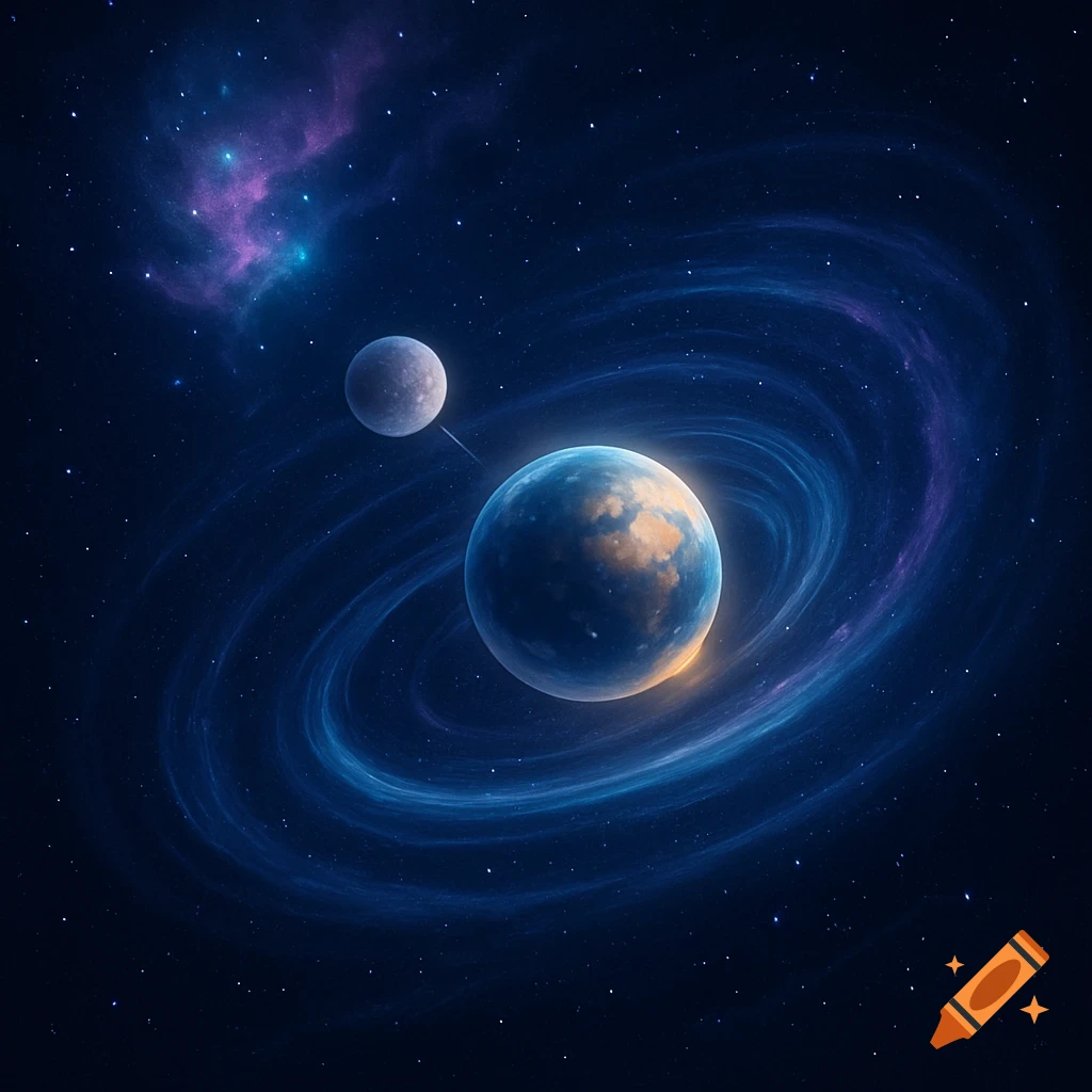 A large blue and orange planet with a smaller gray moon orbits in deep space, surrounded by a swirling blue and purple nebula.